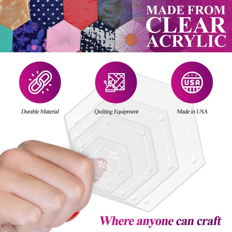 LaserThing Hexagon  Circle  and Square Acrylic Quilting Templates - 12 Pieces with 4""  3""  2""  1"" Sizes - 1/4"" Seam Allowance - Durable Clear Acrylic for Quilting  Patchwork  Sewing  & DIY Projects - Image 4